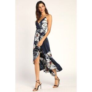 Lulus Seeking Chic Navy Blue Floral Print Ruffled Faux-wrap Midi Dress - Size S